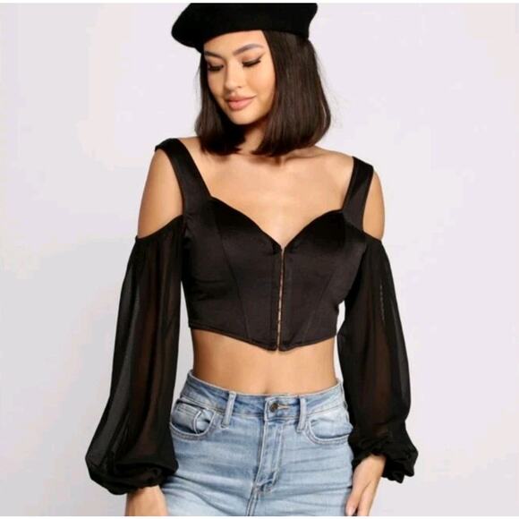 Windsor Tops - Windsor Feelin Luxe Y2K Whimsygoth Black Bustier Corset Cold Shoulder Top Size S